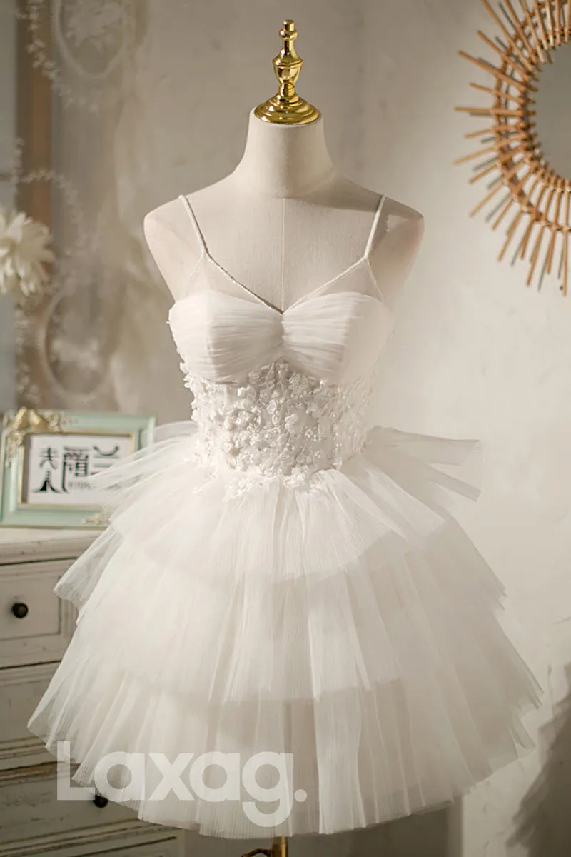 12187 - Spaghetti Straps Appliques Ruffles Cute Homecoming Dress