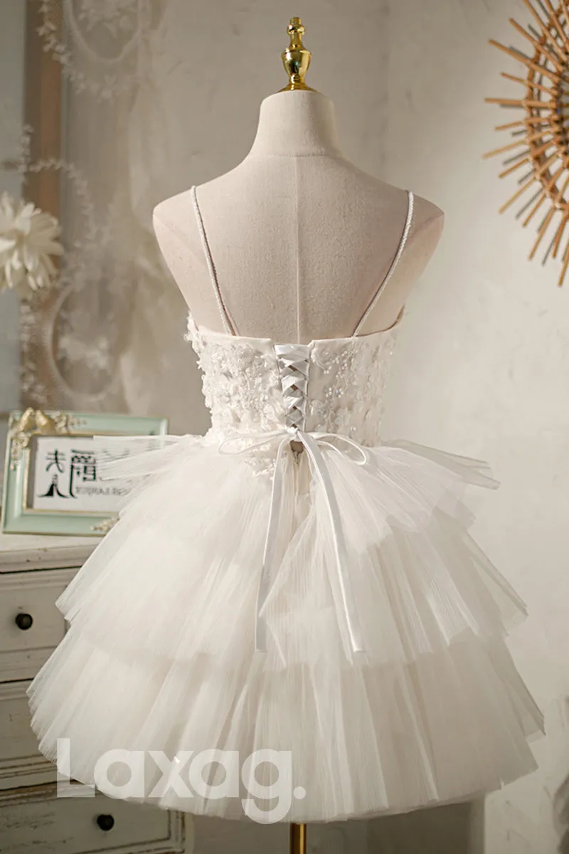 12187 - Spaghetti Straps Appliques Ruffles Cute Homecoming Dress