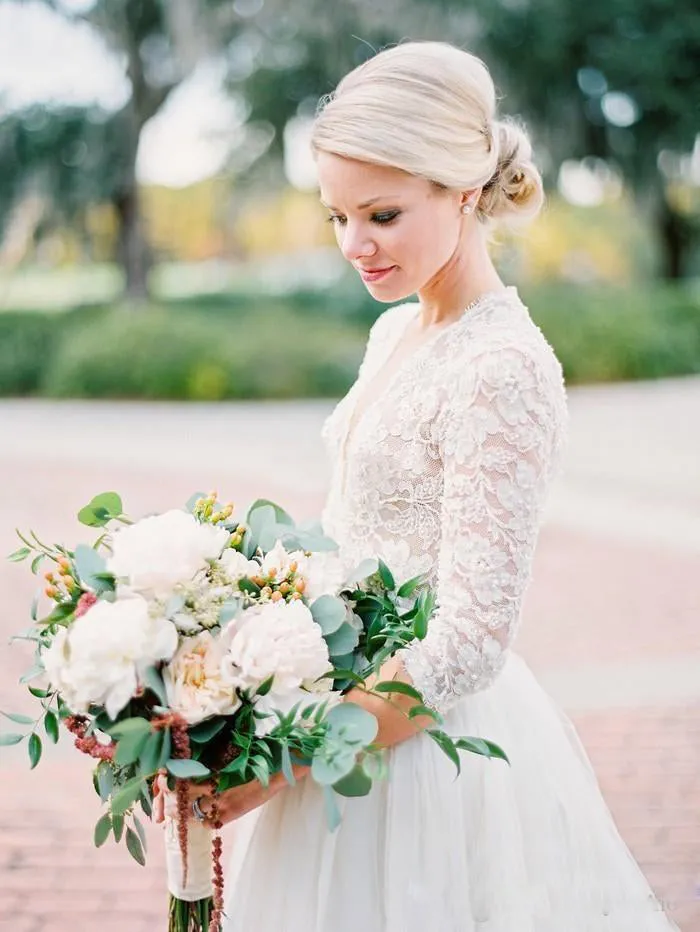 3 4 Long Sleeve Open Back Vintage Lace Pearls V-Neck Wedding Dresses-715317