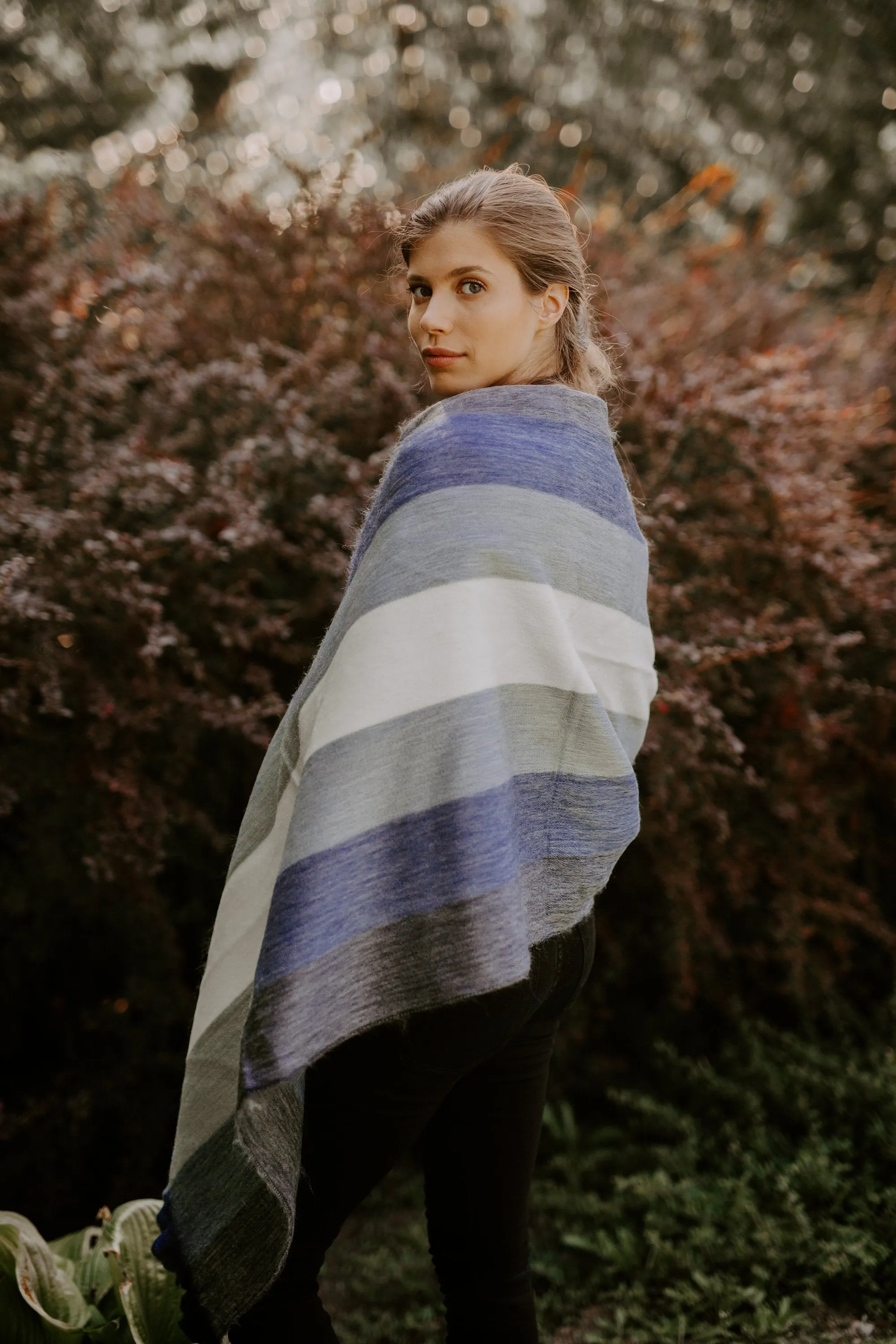 Alpaca Shawl - Blue ombre stripes