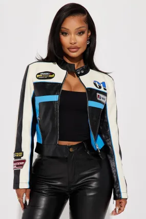 Around The Track Faux Leather Jacket - Blue/combo