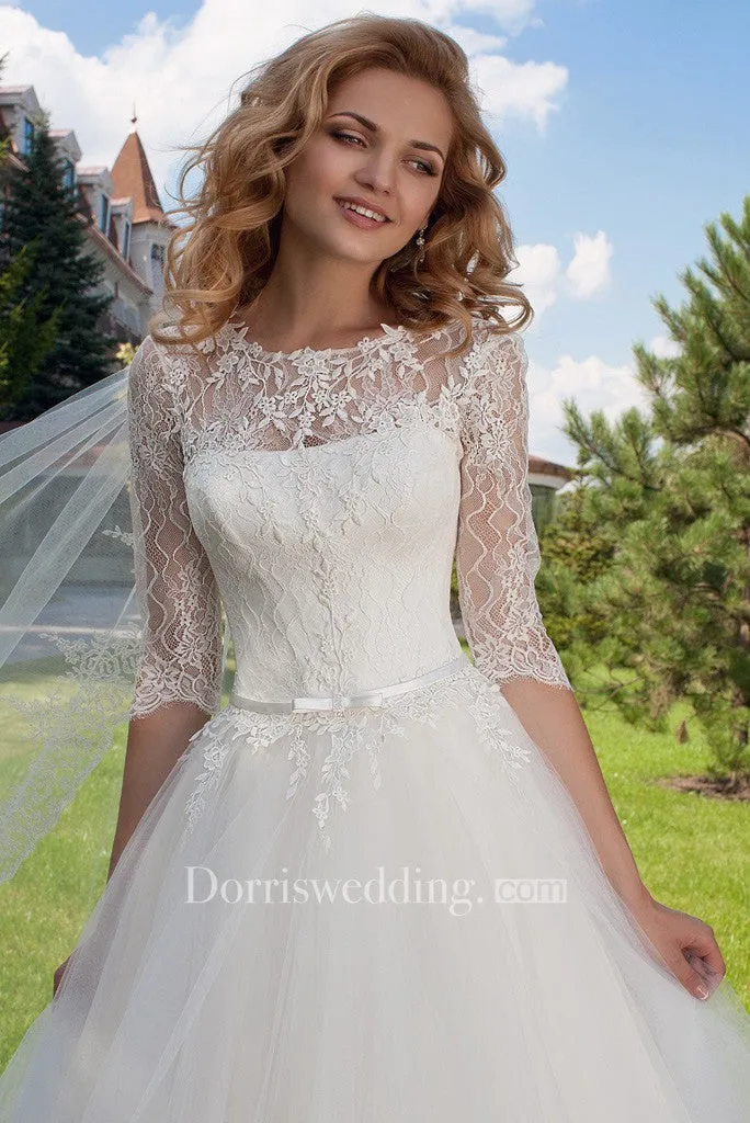 Ball Gown Jewel Neck Appliqued Half Sleeve Tulle Wedding Dress