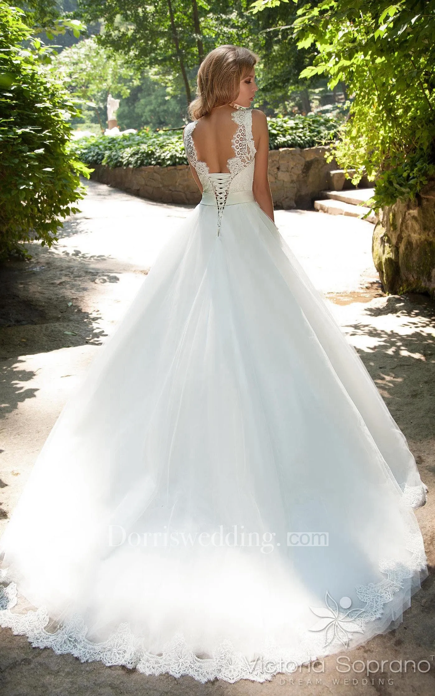 Ball Gown Long Bateau Sleeveless Low-V-Back Tulle Dress With Lace And Waist Jewellery