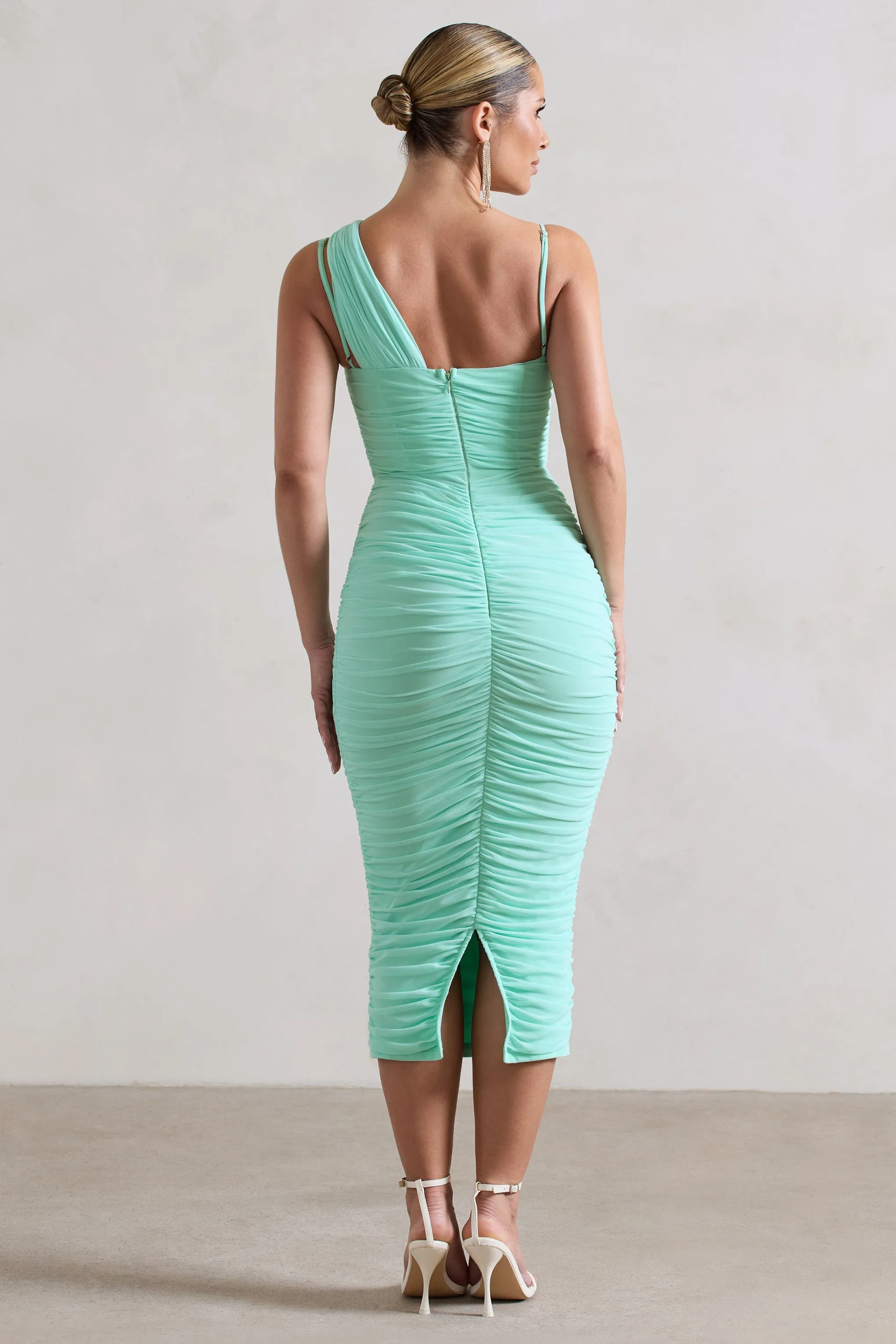 Bellini | Mint Asymmetric Ruched Midi Dress