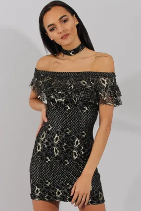 Black And Gold Lace Frill Bardot Choker Dress - Jolie