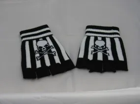 Black and White Striped Skull Fingerless Gloves