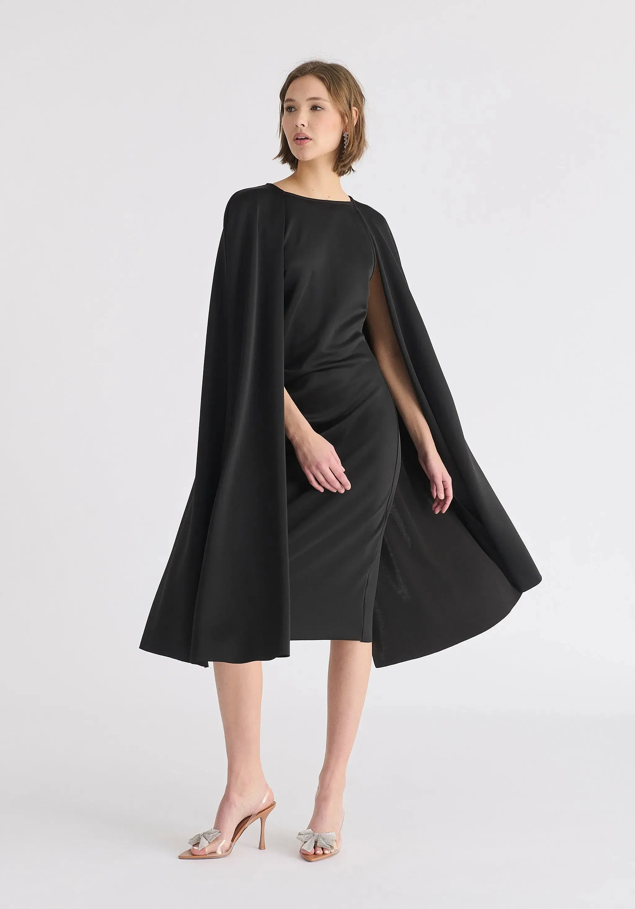 Black Cape Sleeves Dress With Waist Details