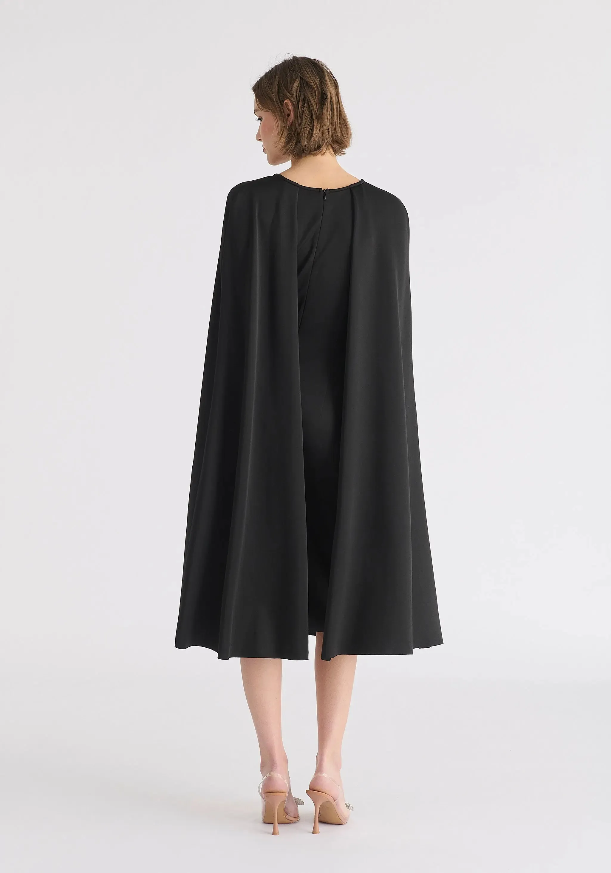 Black Cape Sleeves Dress With Waist Details