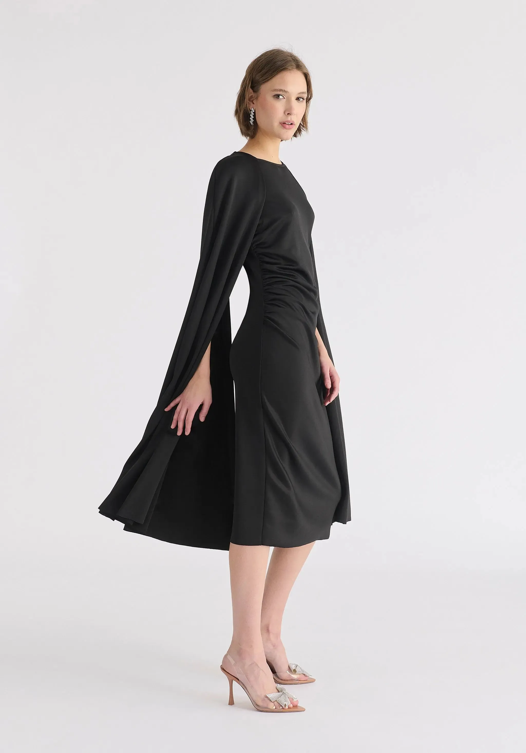 Black Cape Sleeves Dress With Waist Details