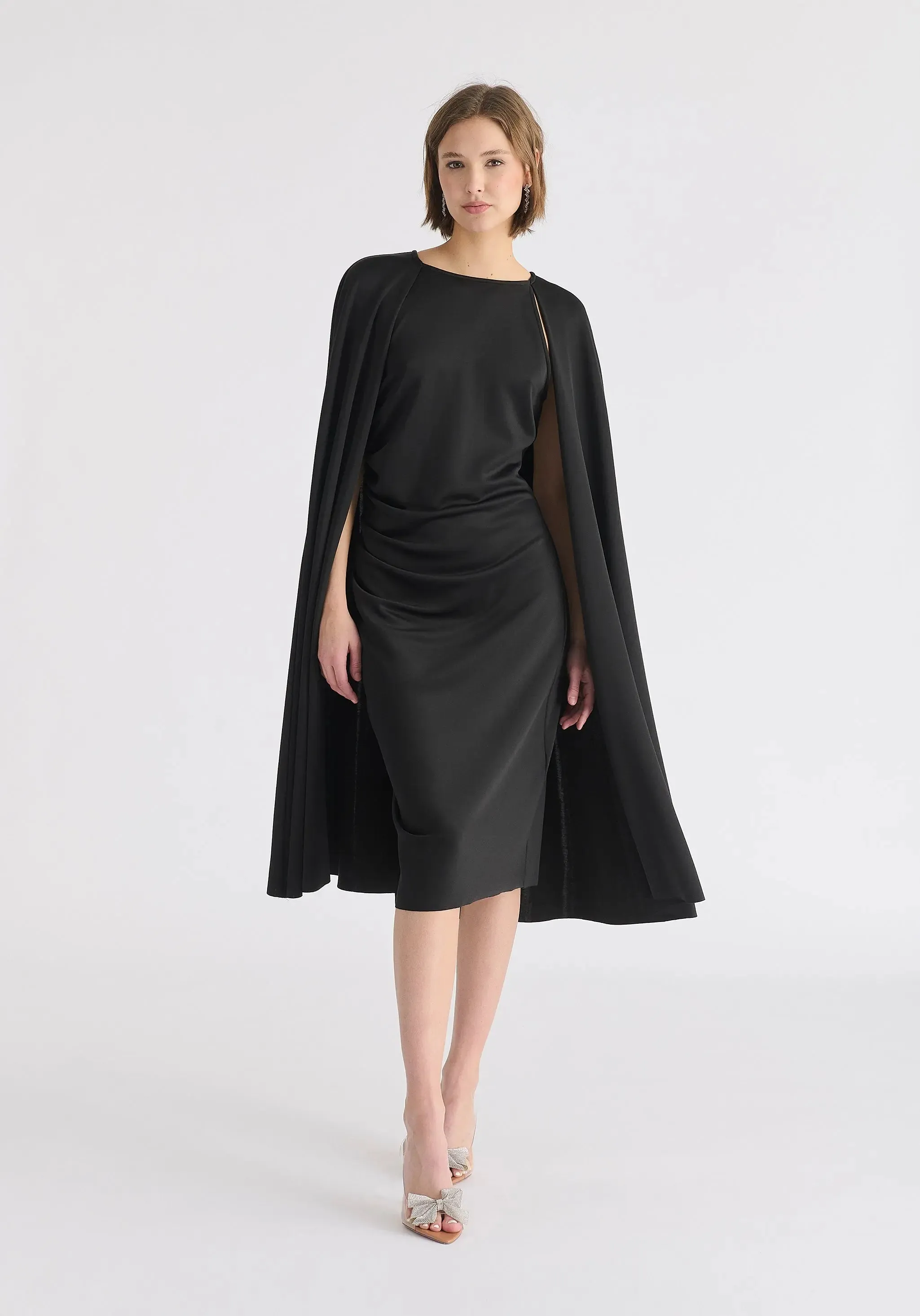 Black Cape Sleeves Dress With Waist Details