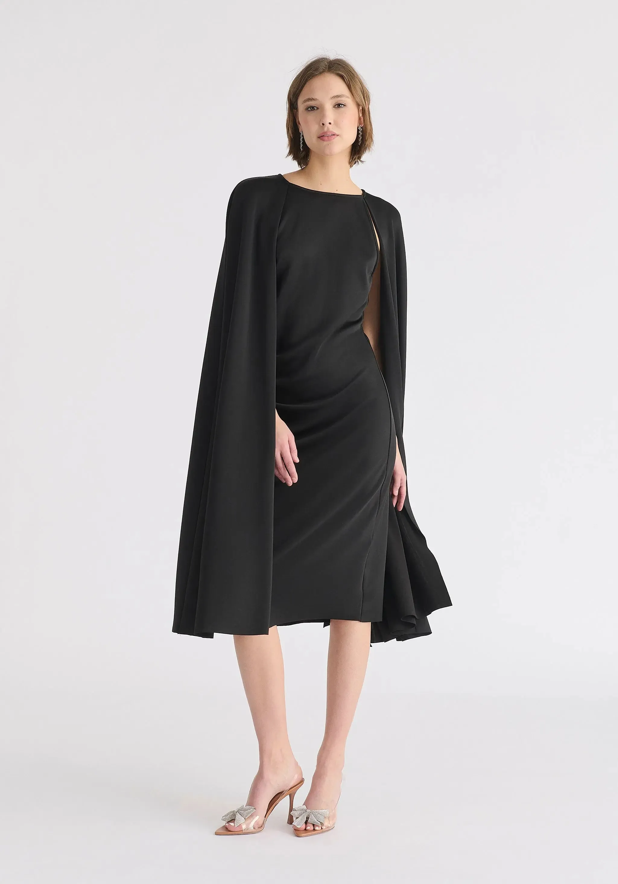 Black Cape Sleeves Dress With Waist Details