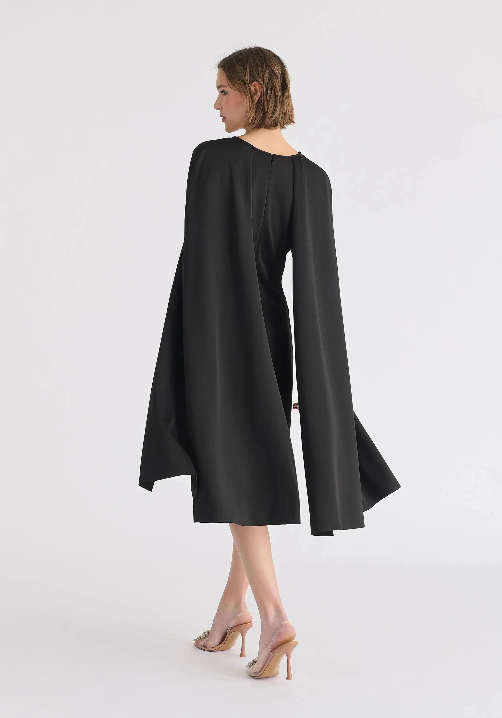 Black Cape Sleeves Dress With Waist Details