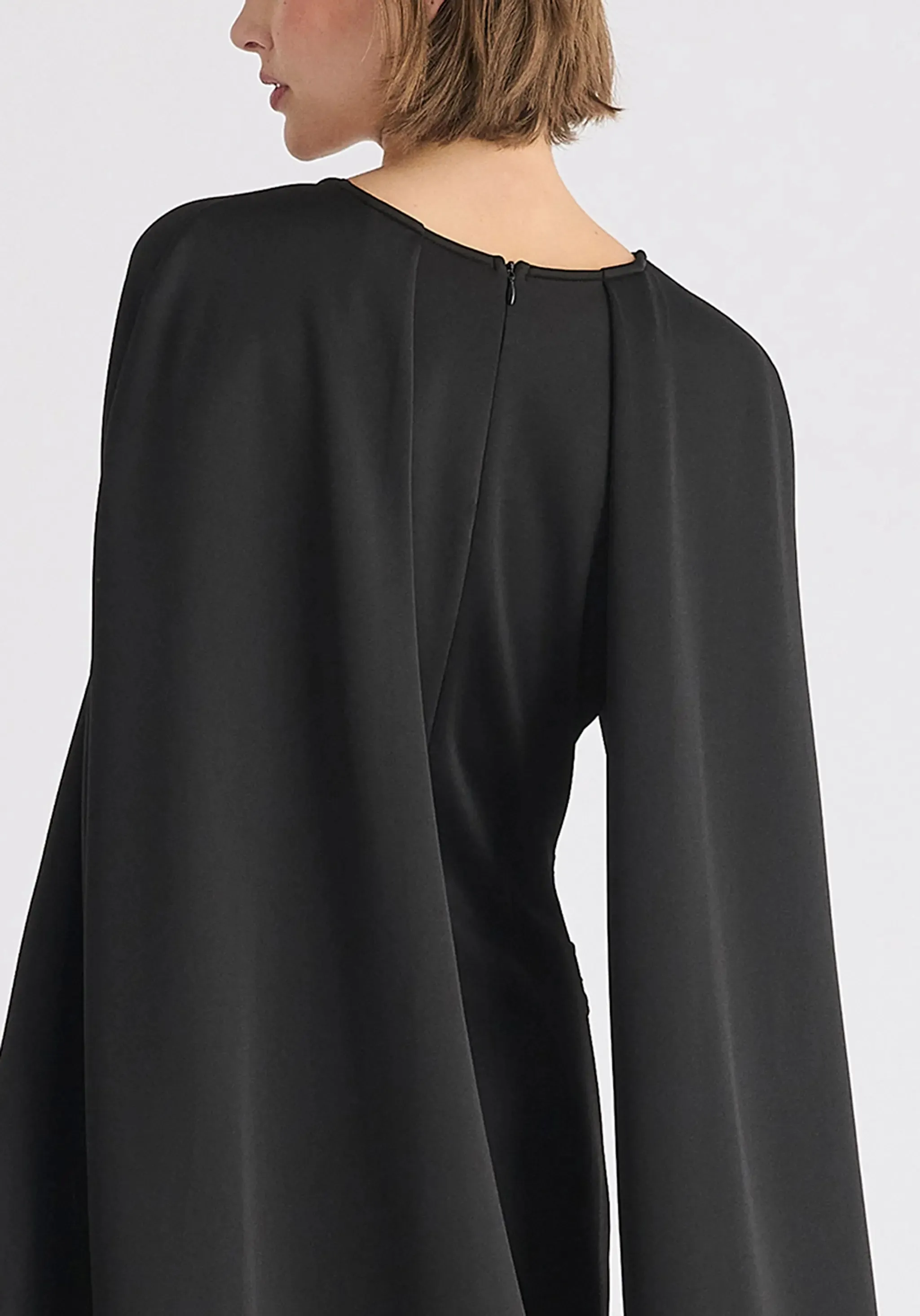 Black Cape Sleeves Dress With Waist Details