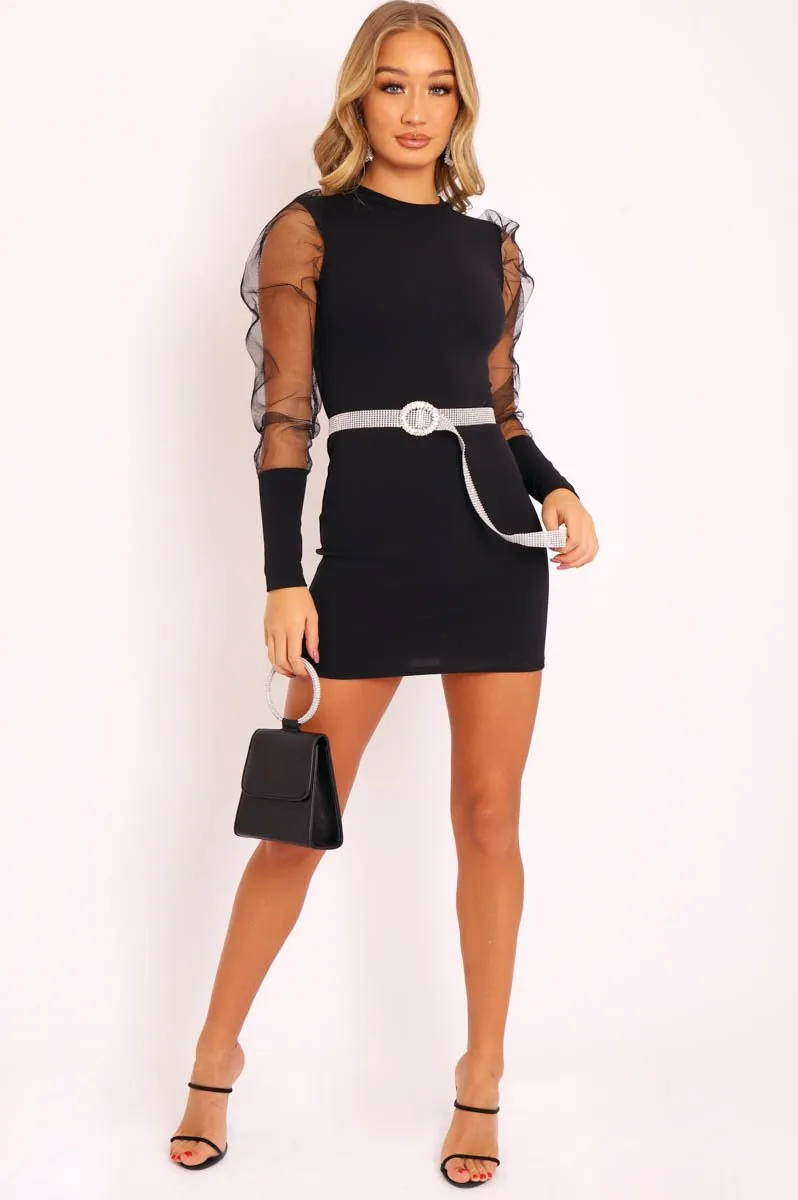 Black Fishnet Puff Sleeve Mini Bodycon Dress - Franca