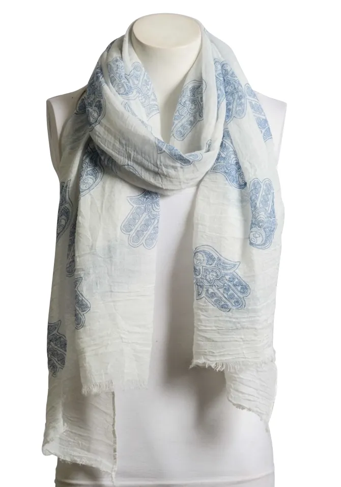 Blue & White Boho Handprint Crinkle Scarf