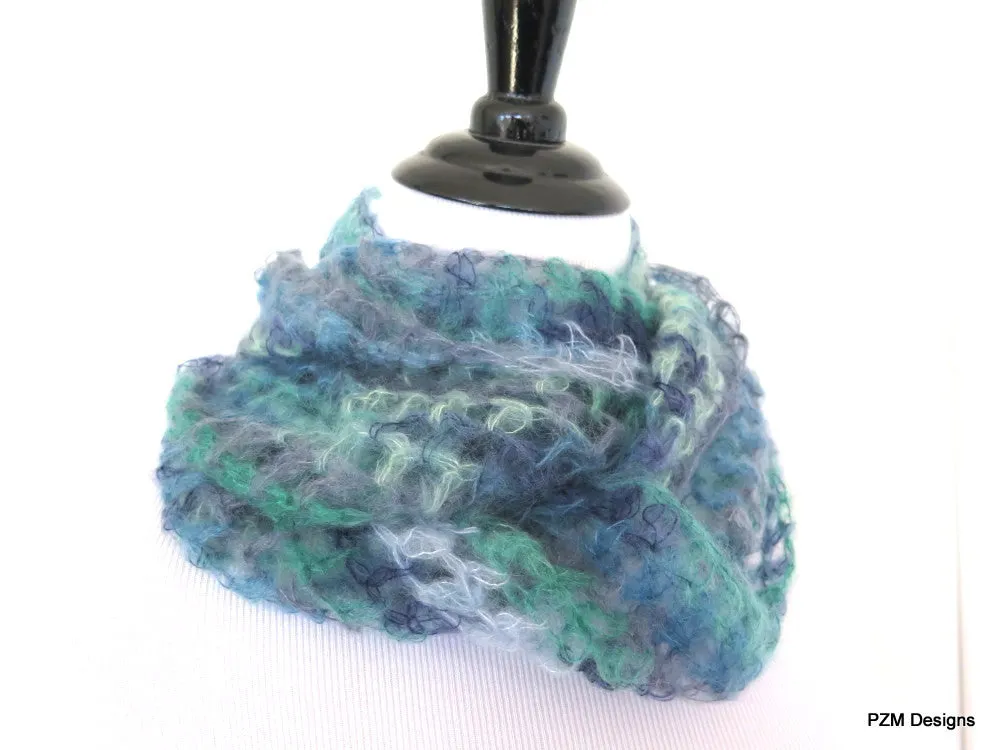 Blue Multi Color Silk Mohair Loop Scarf, Luxury Gift for Her