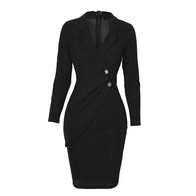 Bodycon Plus Size Office Lapel Long Sleeve Buttons Autumn Dress