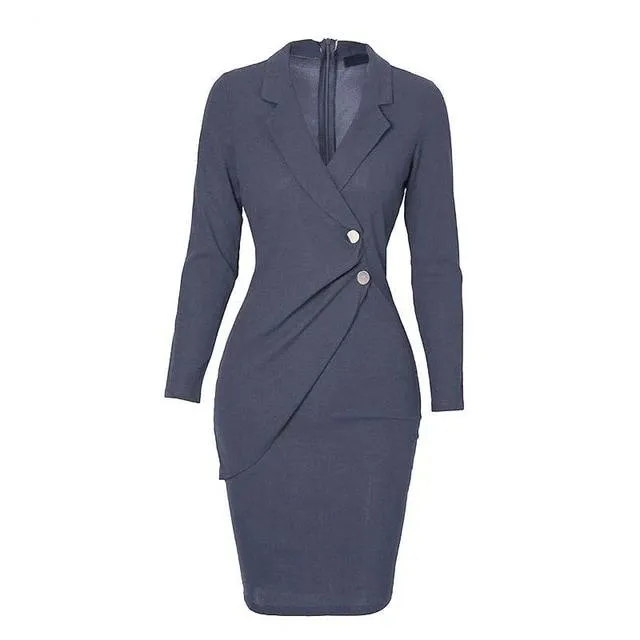 Bodycon Plus Size Office Lapel Long Sleeve Buttons Autumn Dress