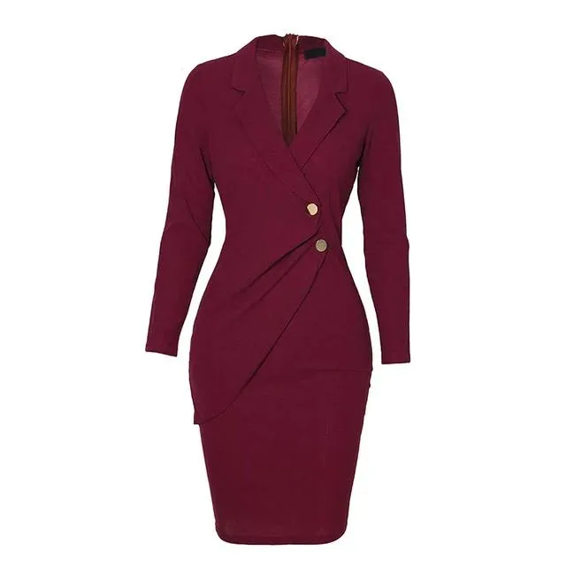 Bodycon Plus Size Office Lapel Long Sleeve Buttons Autumn Dress