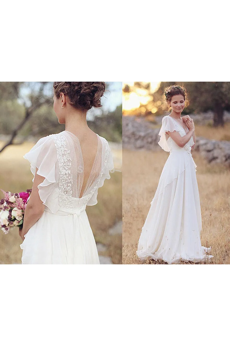 Bohemian Pearls Deep V Neck Backless Flower Beading Sheer Sleeve Pleats Chiffon Wedding Dress-715312