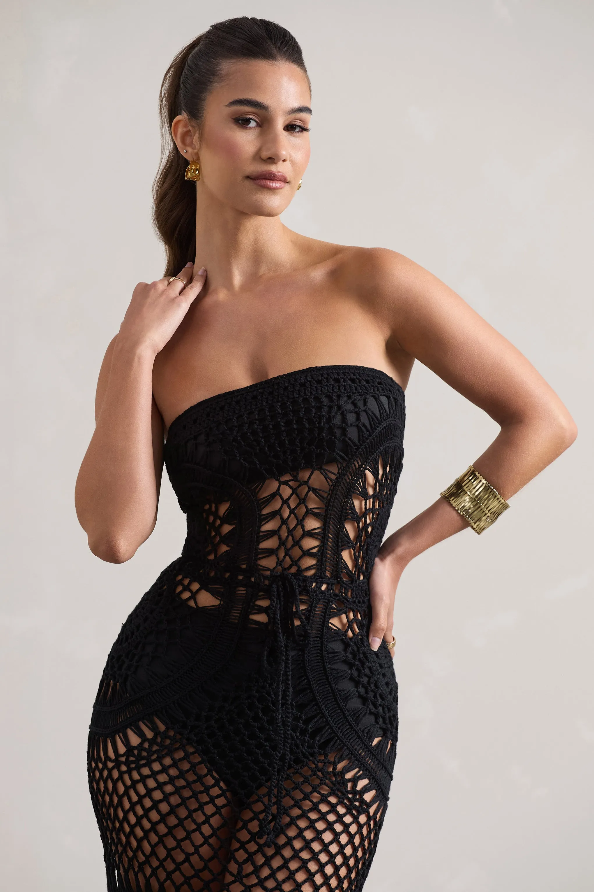 Bondi | Black Crochet Strapless Maxi Dress With Fringe Hem