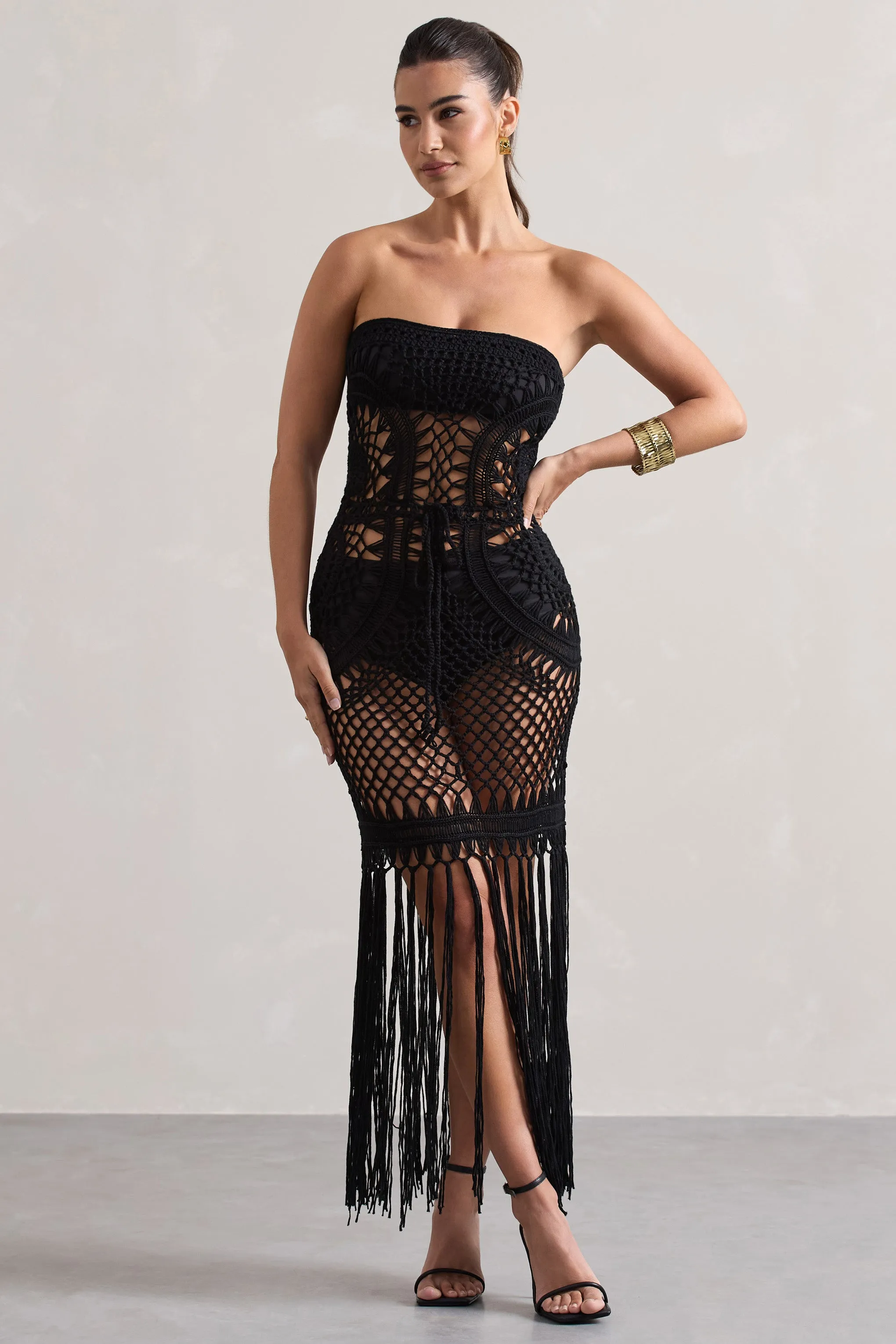 Bondi | Black Crochet Strapless Maxi Dress With Fringe Hem