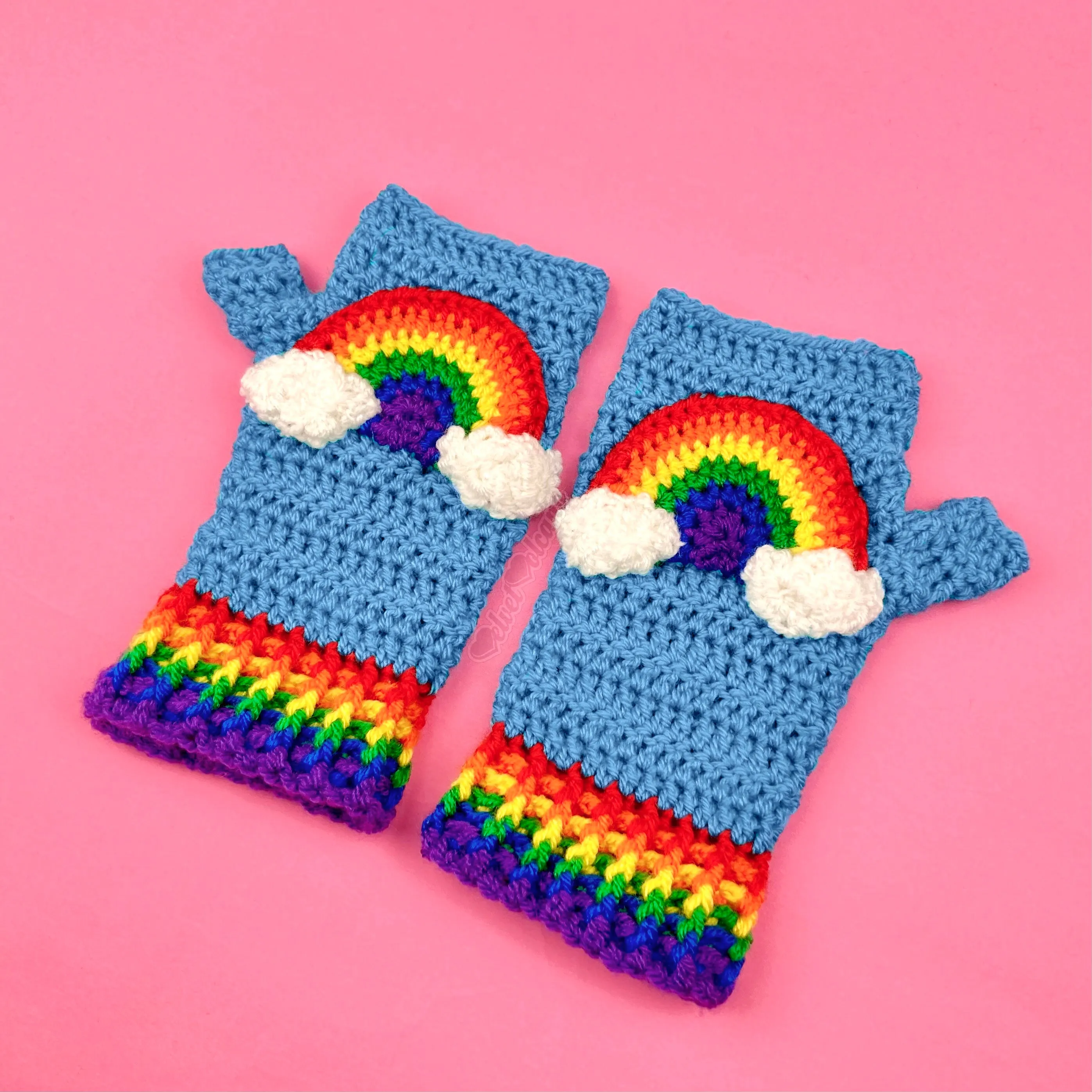 Bright Rainbow Cloud Fingerless Gloves (Dolphin Blue)