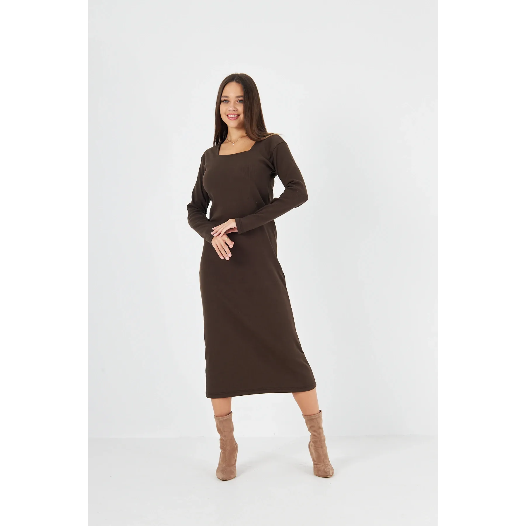 Brown Square Neck Bodycon Dress