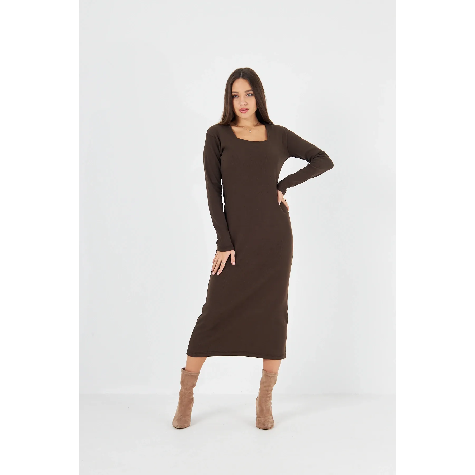 Brown Square Neck Bodycon Dress