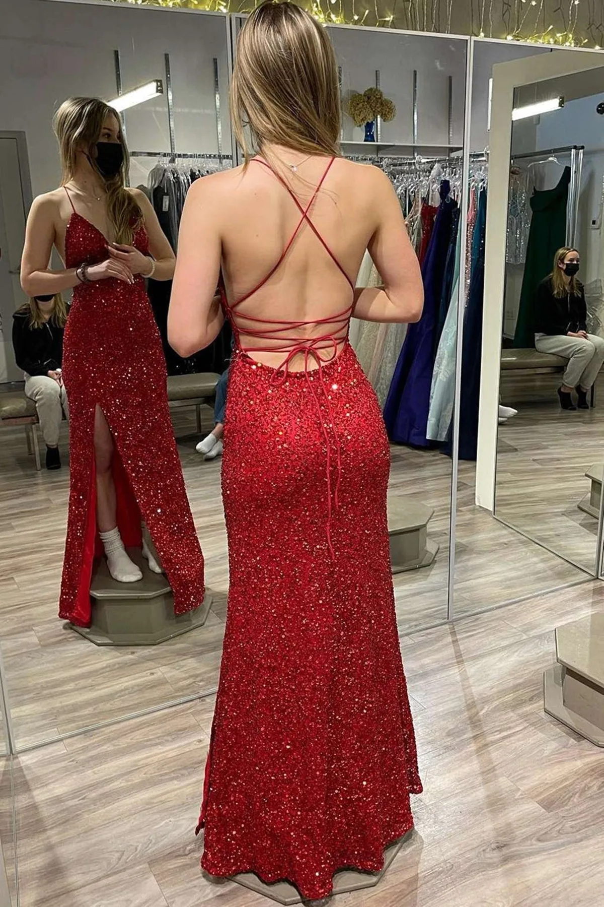 Burgundy Sequins V Neck Backless Mermaid Long Prom Dress with High Slit,Sequin Formal Graduation Evening Dresses