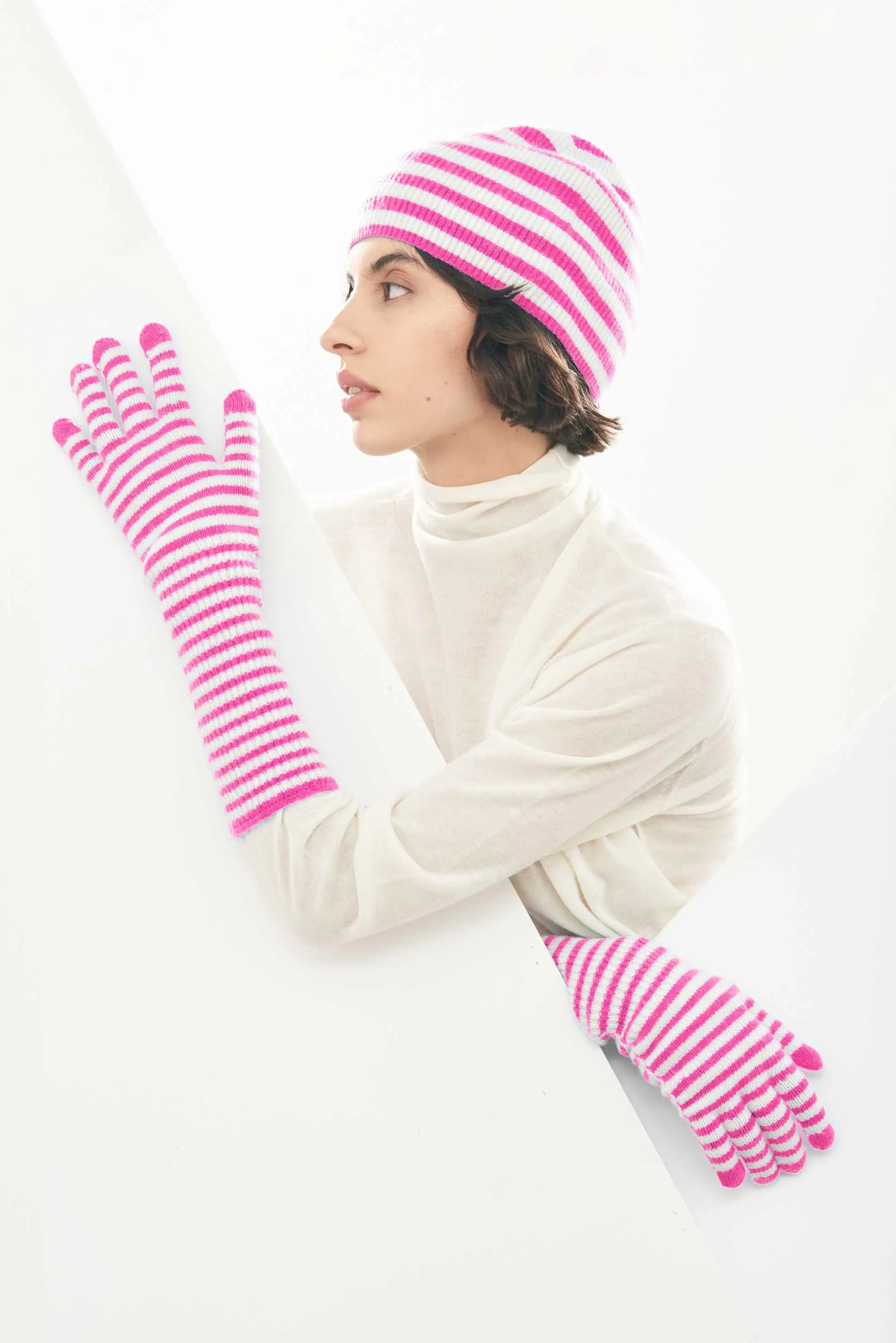 Cashmere Narrow Stripe Rib Beanie in Hot Pink and Cream