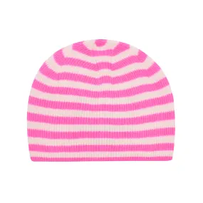 Cashmere Narrow Stripe Rib Beanie in Hot Pink and Cream