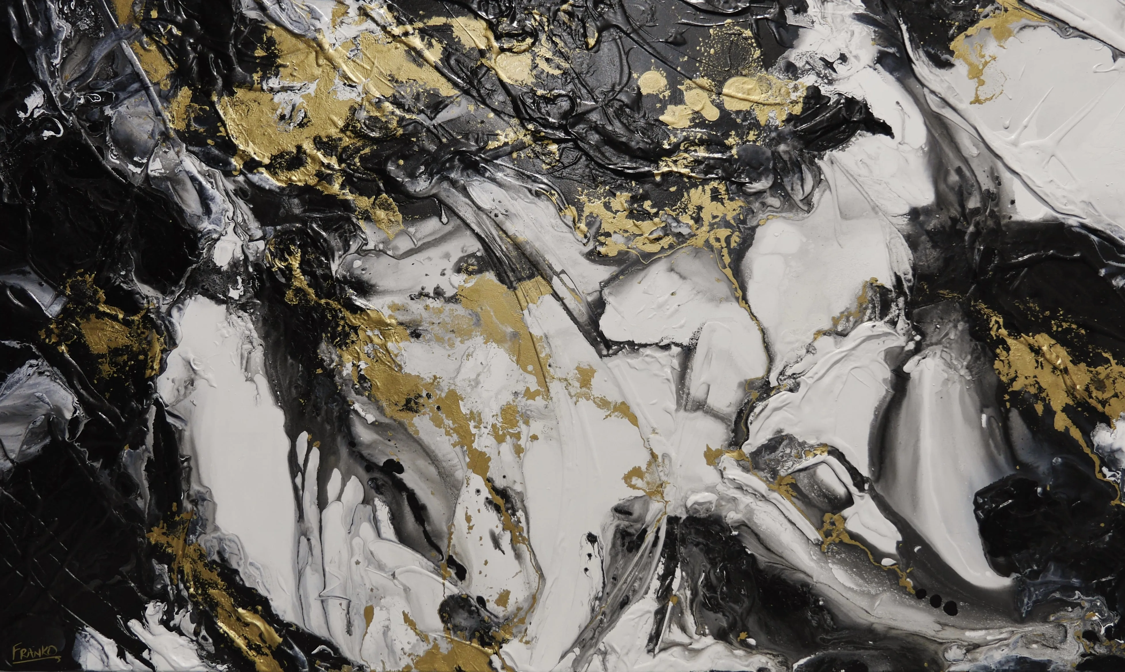 Chasing Bullion 200cm x 120cm Black White Metallic Gold Textured Abstract Painting