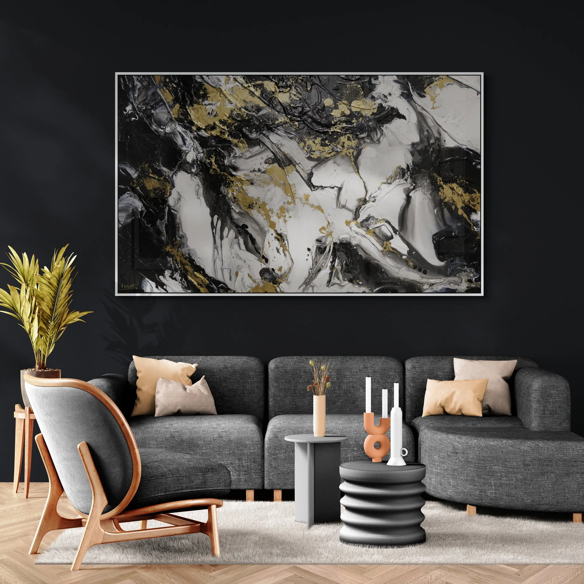 Chasing Bullion 200cm x 120cm Black White Metallic Gold Textured Abstract Painting