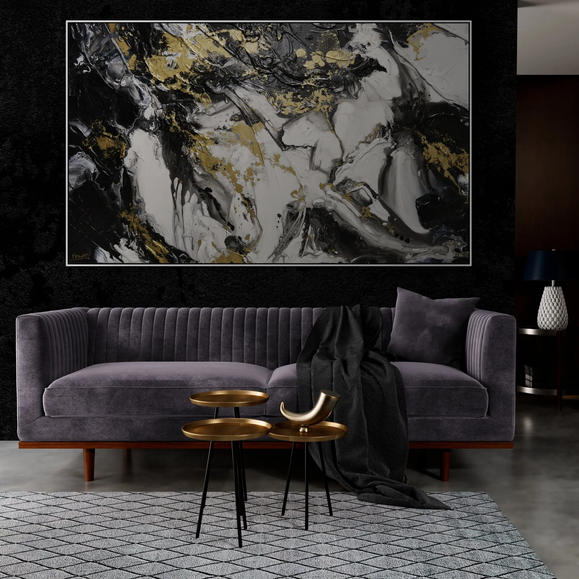 Chasing Bullion 200cm x 120cm Black White Metallic Gold Textured Abstract Painting