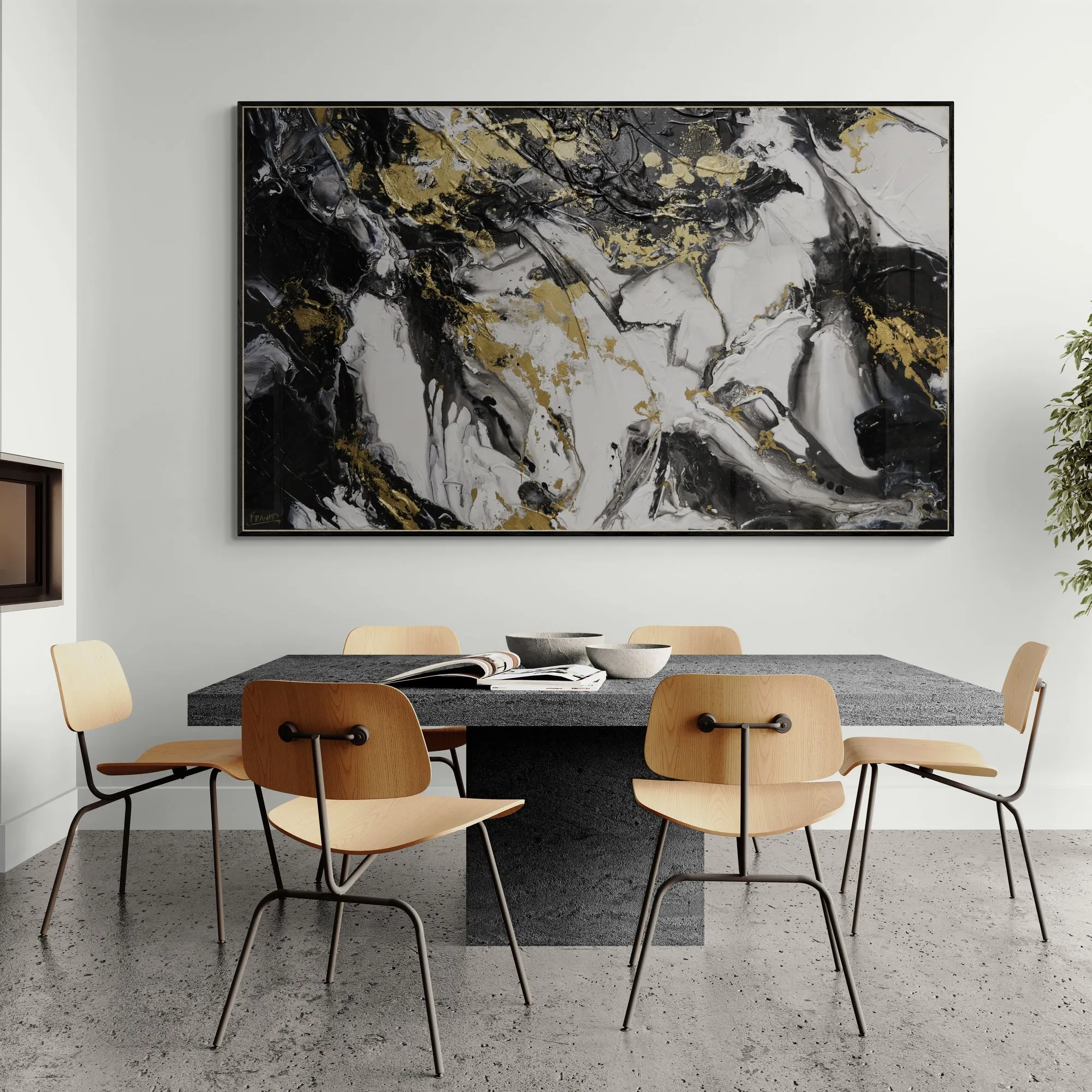 Chasing Bullion 200cm x 120cm Black White Metallic Gold Textured Abstract Painting