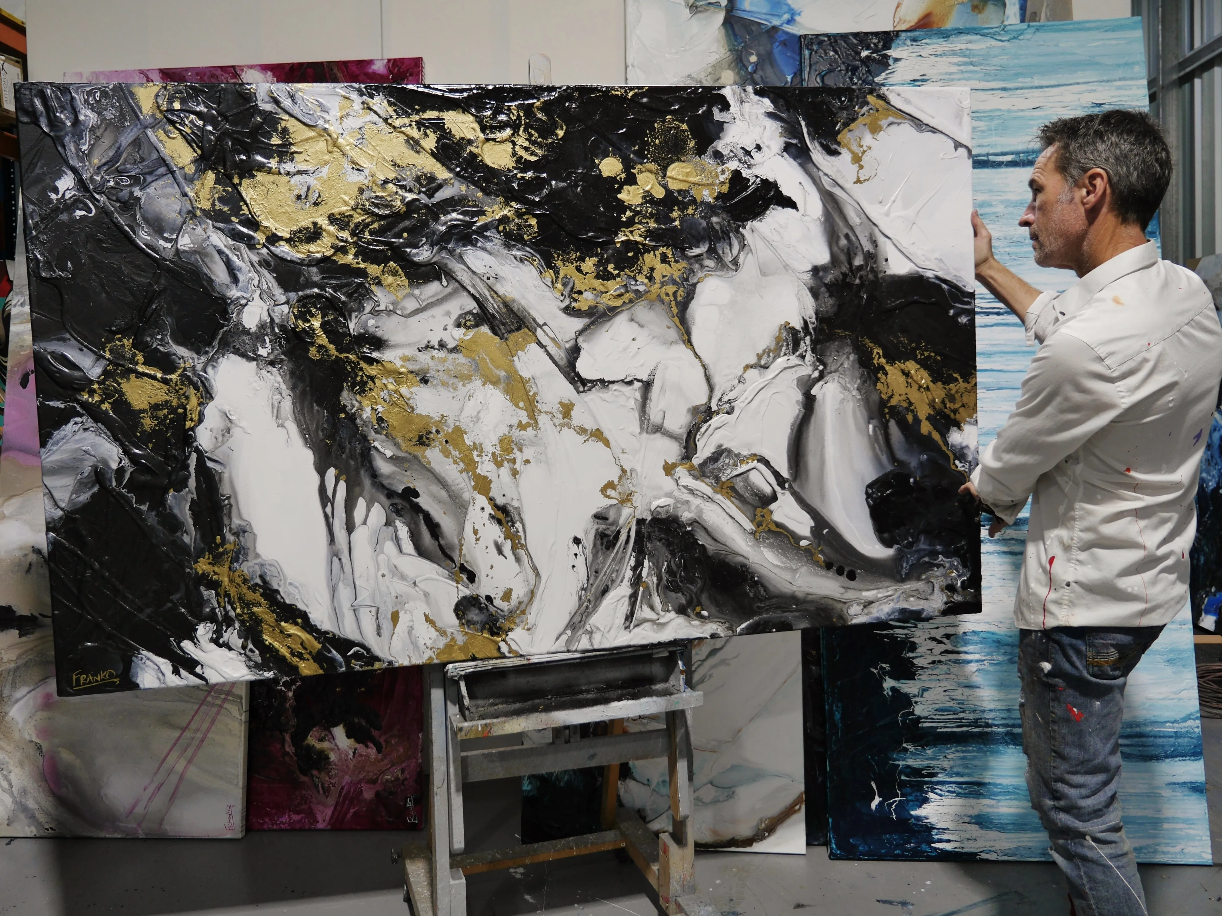 Chasing Bullion 200cm x 120cm Black White Metallic Gold Textured Abstract Painting