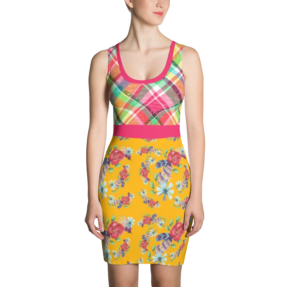 Colorful Checkered Floral Bodycon Dress