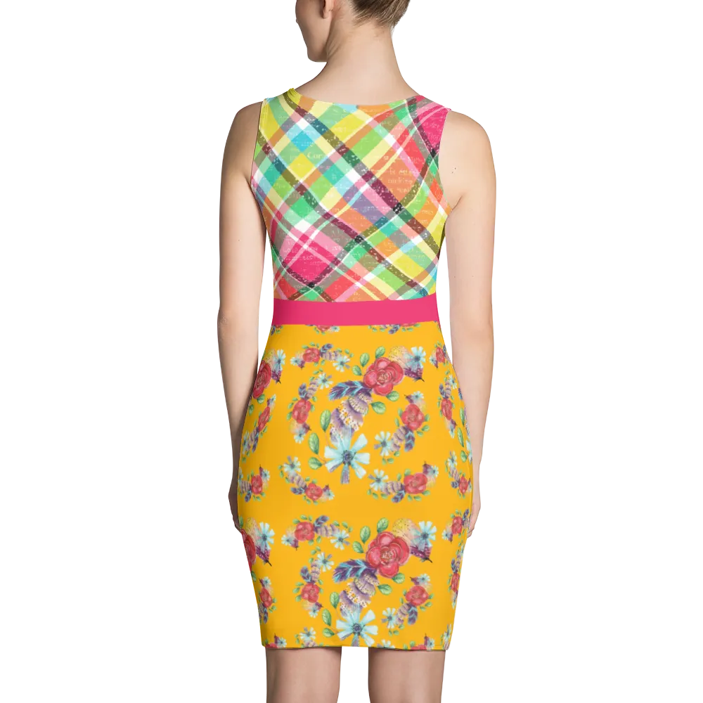 Colorful Checkered Floral Bodycon Dress