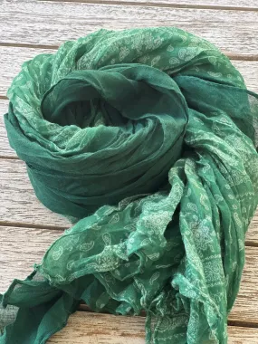 Cotton Crinkle Scarf - Green Paisley Panelled - Unisex