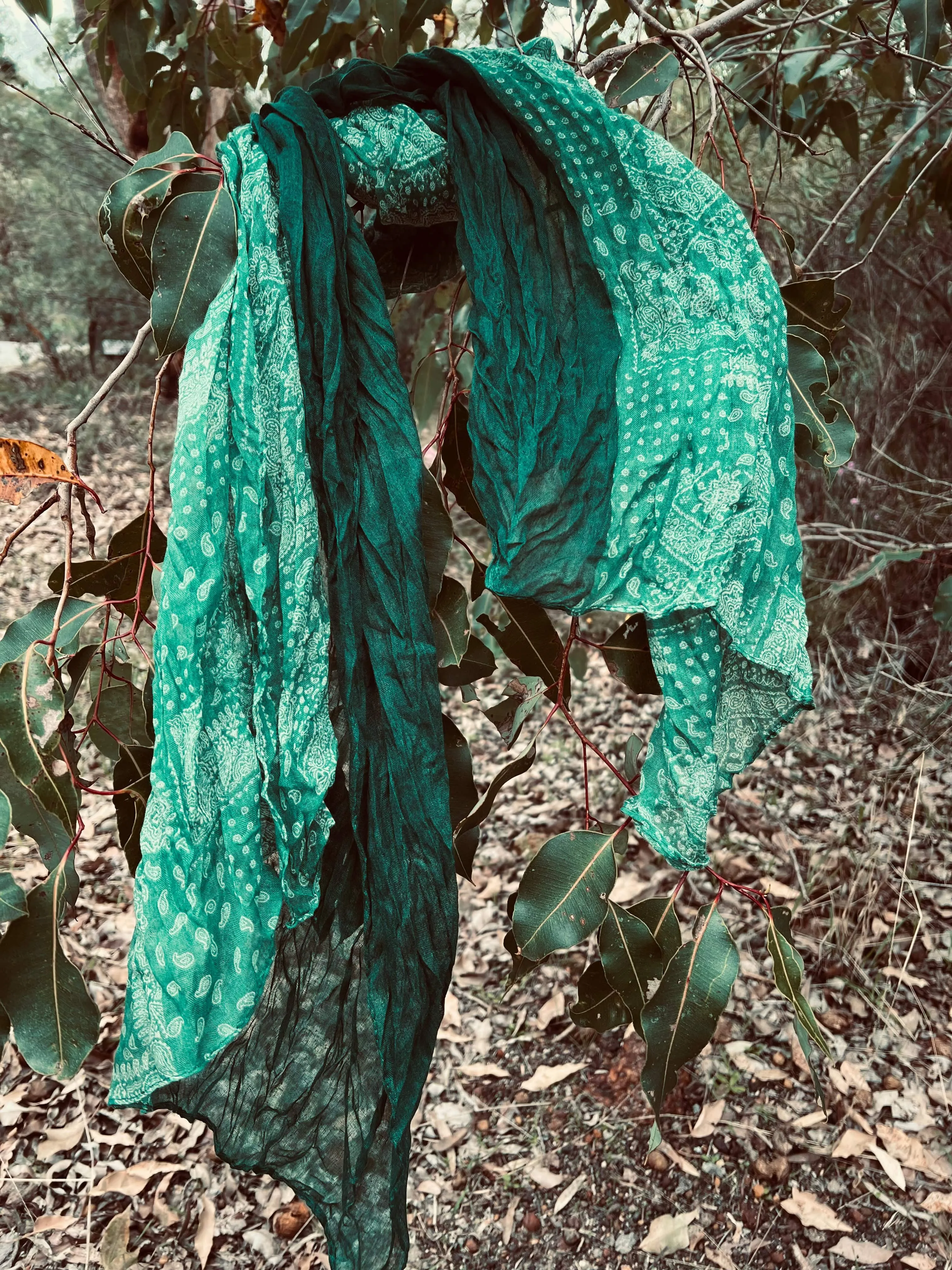 Cotton Crinkle Scarf - Green Paisley Panelled - Unisex