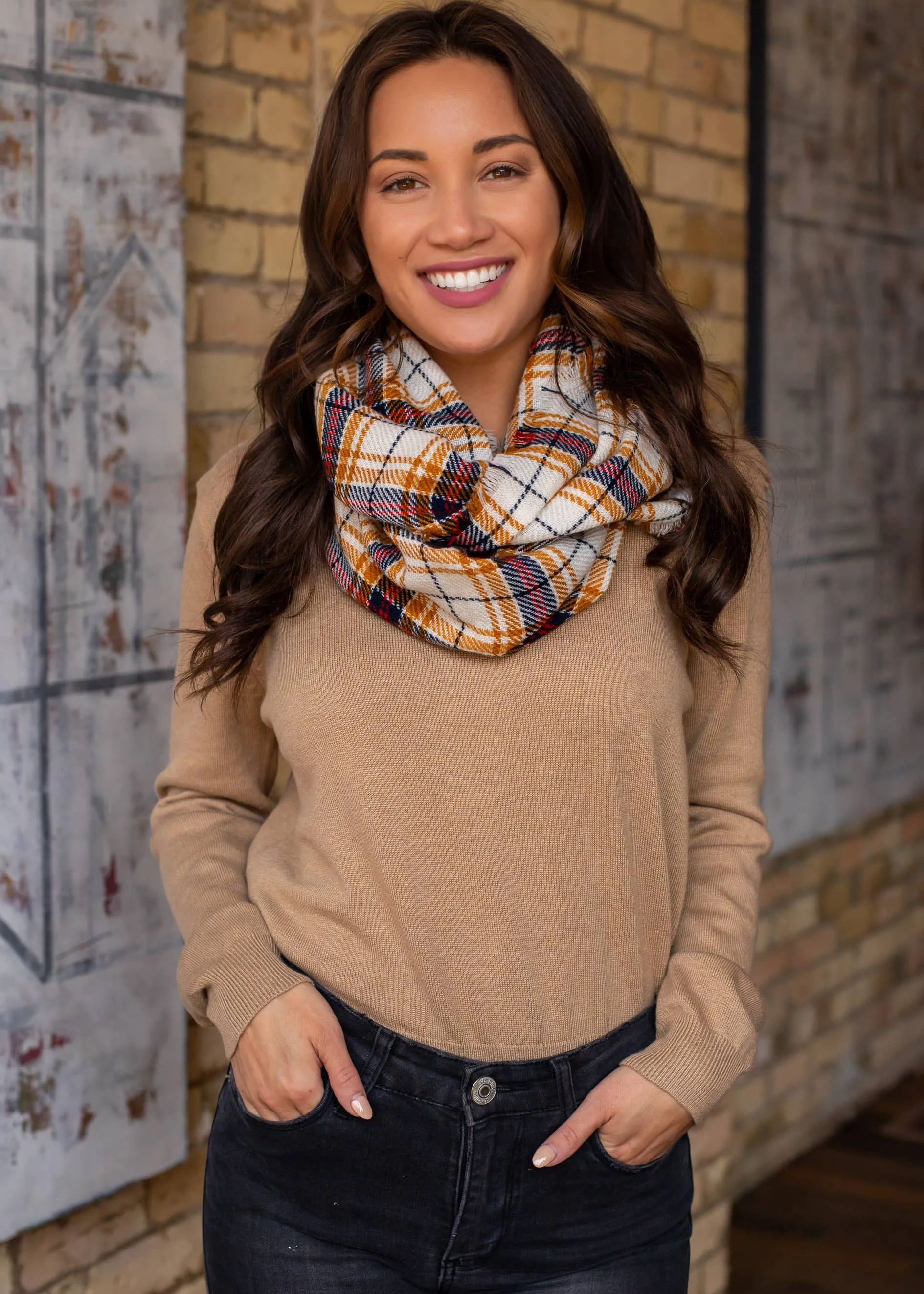 Cream & Mustard Plaid Infinity Scarf