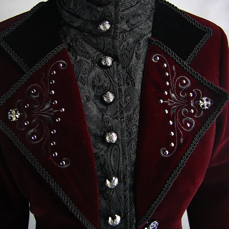 CT117 Gothic palace embroidered metal rivets wine dovetail coat for men