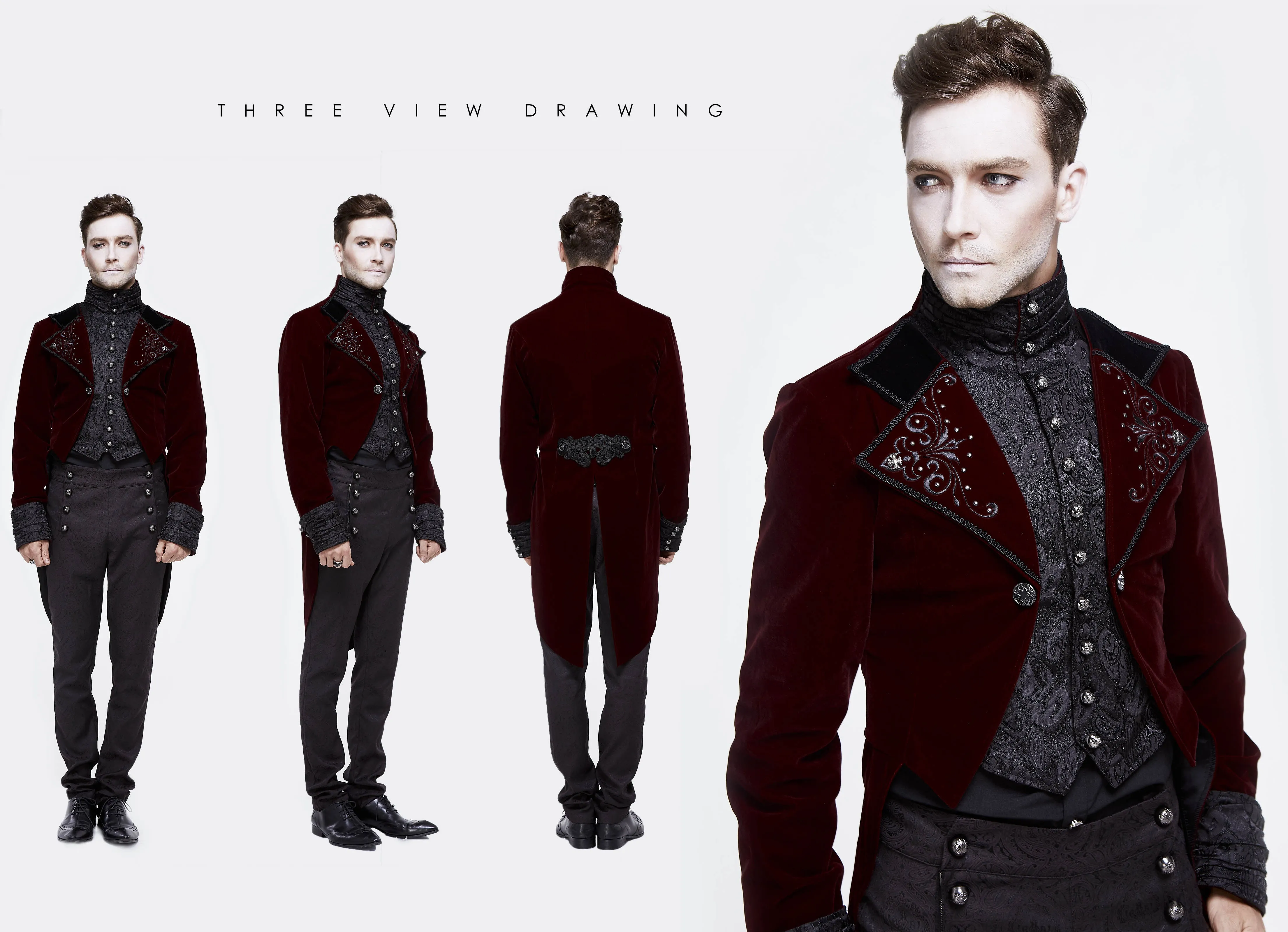 CT117 Gothic palace embroidered metal rivets wine dovetail coat for men