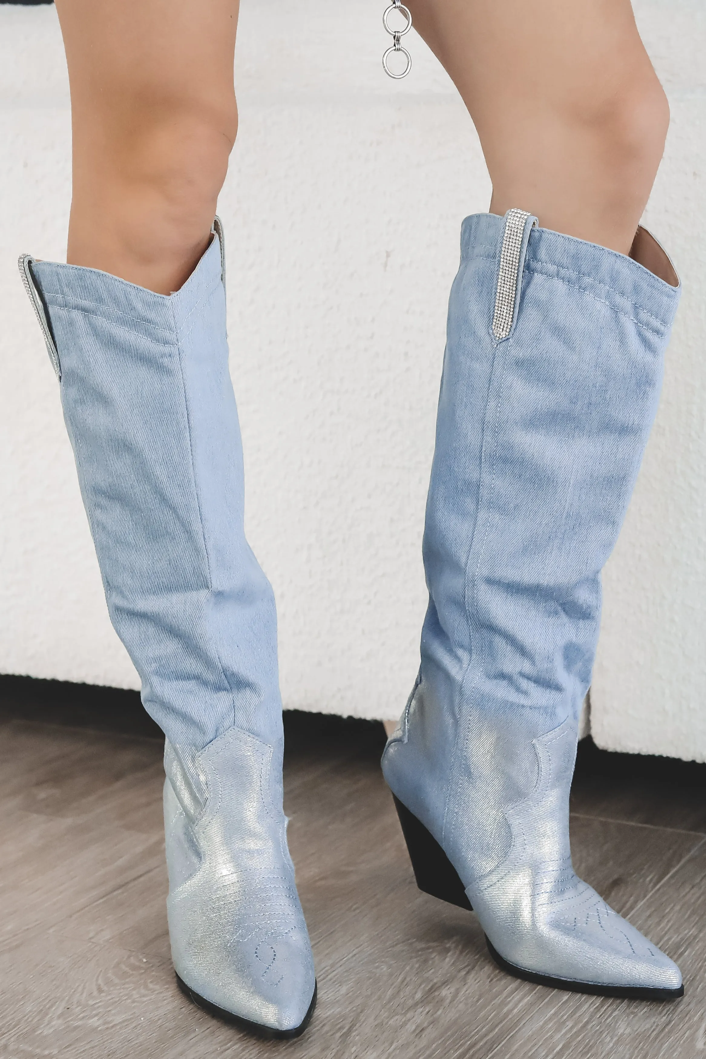 DEAL A Western Sparkle Denim Silver Boot