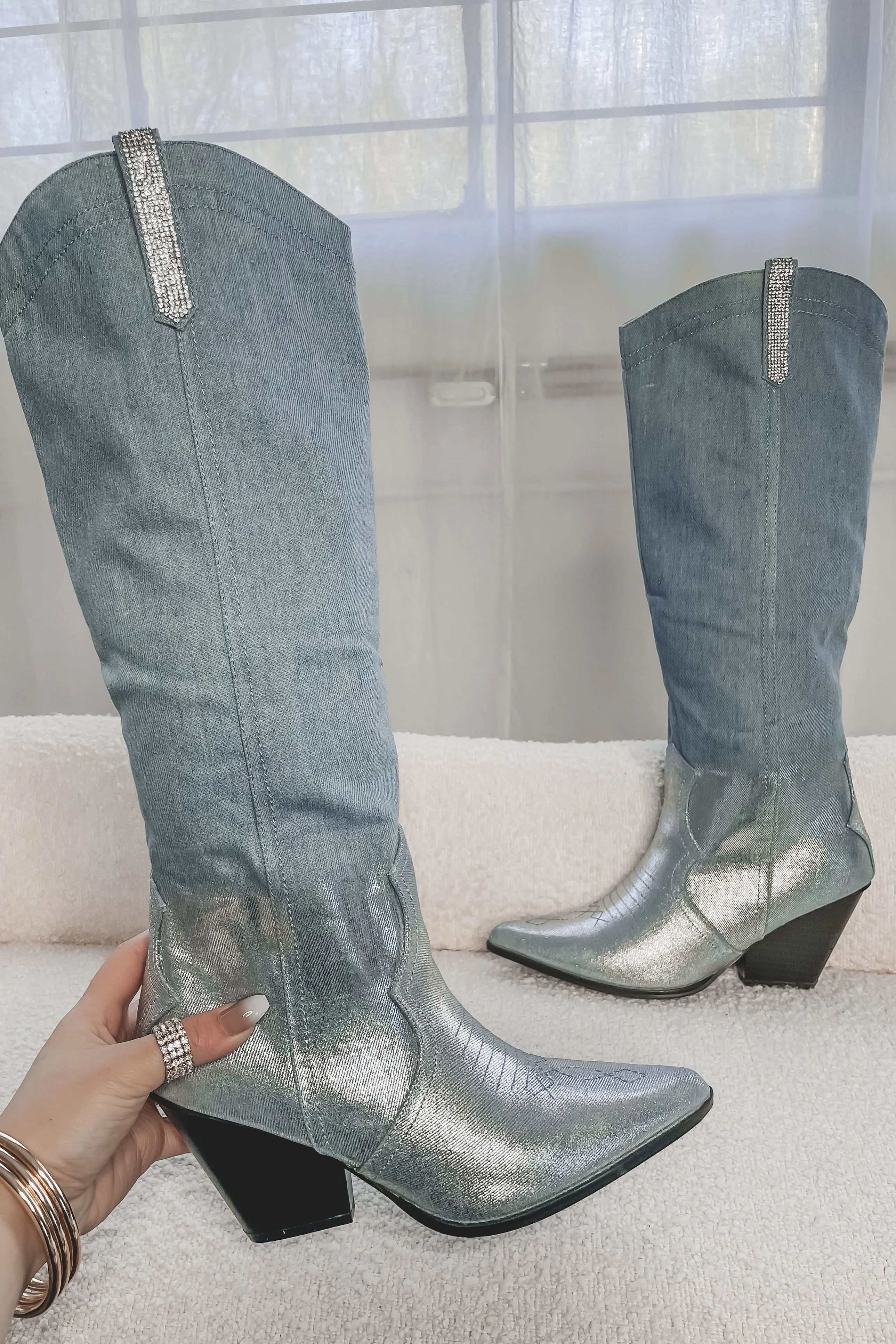 DEAL A Western Sparkle Denim Silver Boot