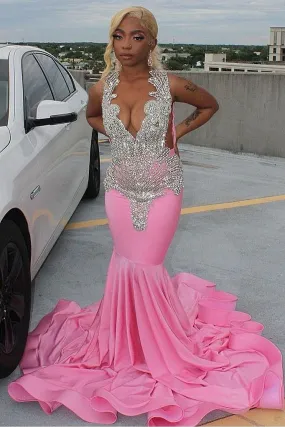 Elegant Pink Mermaid Court Train Prom Dresses with Silver Crystal Black Women