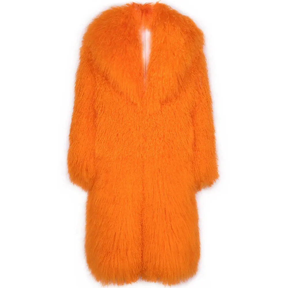 Extra Long Mongolian Curly Lamb Fur Coat