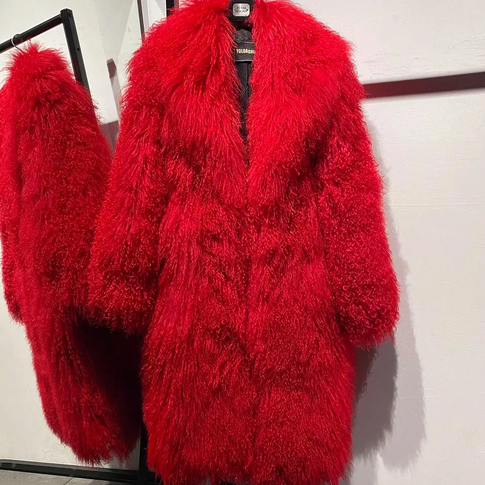 Extra Long Mongolian Curly Lamb Fur Coat