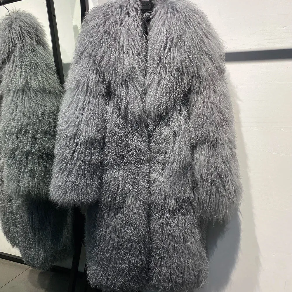 Extra Long Mongolian Curly Lamb Fur Coat